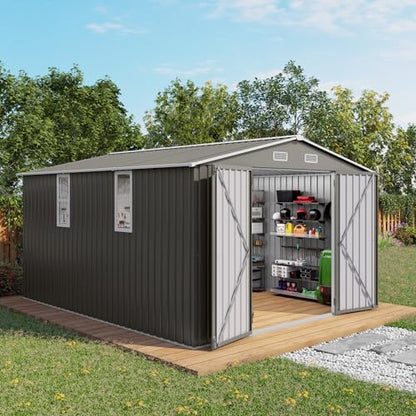 10x12 FT Outdoor Storage Shed with Windows (Gray and Black / 10x12ft)