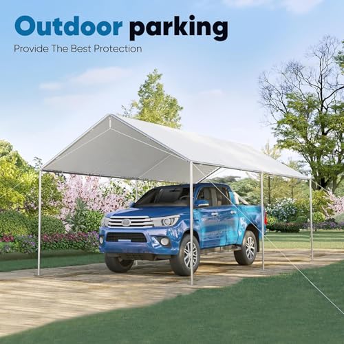 10x15 ft Heavy Duty Car Canopy Galvanized Frame Carport Outdoor Party Tent Boat Shelter with 3 Reinforced Steel Cables (White / 10'x15')
