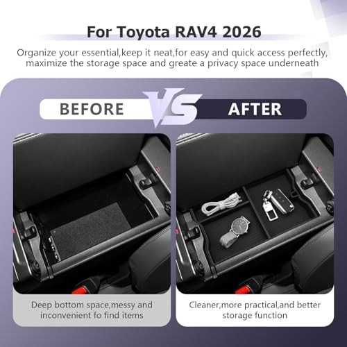 2026 RAV 4 Center Console Organizer Compatible with 2026 Toyota RAV 4 Accessories Armrest Console Secondary Storage Box Insert Tray ABS Material Black