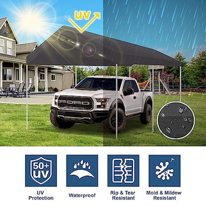 10' x 20' Upgraded Carport Replacement Canopy Cover Grey for Car Garage Shelter Party Tent Top Tarp with Ball Bungees (10' x 20' / Gray)