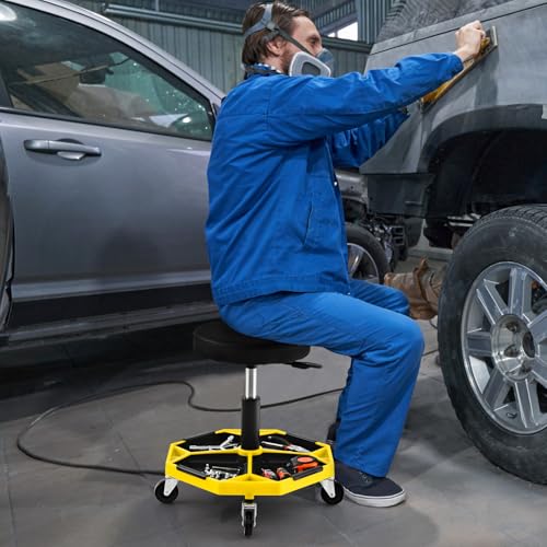 Rolling Mechanic Stool with Removable Tool Tray & Padded Cushion (Bottom Tool Tray / Yellow)