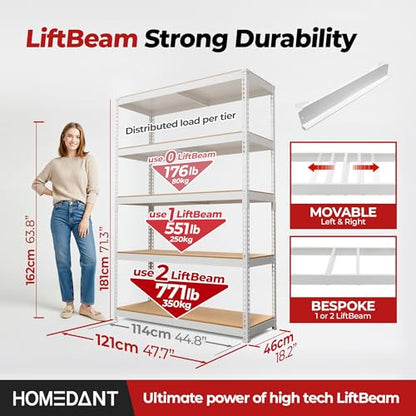 47.7" W 5 Tier Heavy Duty Garage Shelving Adjustable Metal Rack Storage Shelves Standing Shelf Unit Organizers Industrial Warehouse Basement White 2Pack (White / 47.7"W x 18.2"D)
