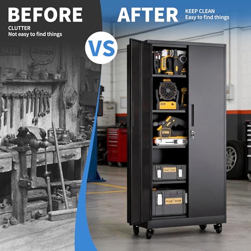Metal Storage Cabinet for Garage (Black / L - 2 Doors & 5 Shelves (Wheeled))
