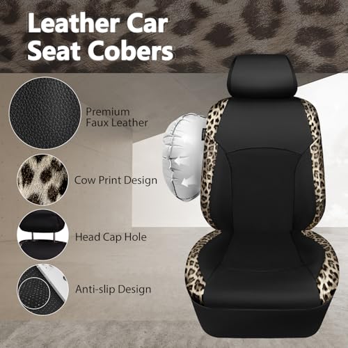 Leopard Print Faux Leather Car Seat Covers & Leopard Car Mats&Leopard Steering Wheel Cover Seat Belt Universal Car Accessories for SUV (Leopard Gold combo)