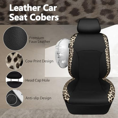 Leopard Print Faux Leather Car Seat Covers & Leopard Car Mats&Leopard Steering Wheel Cover Seat Belt Universal Car Accessories for SUV (Leopard Gold combo)