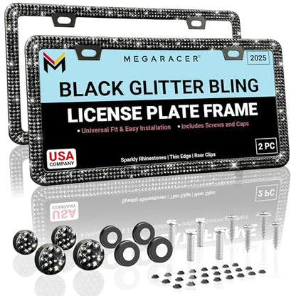 Elegant Black Bling License Plate Frames for Women (Black / 2 Piece)