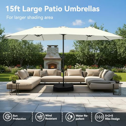 15ft Large Outdoor Patio Umbrella with Base Included (Ivory)