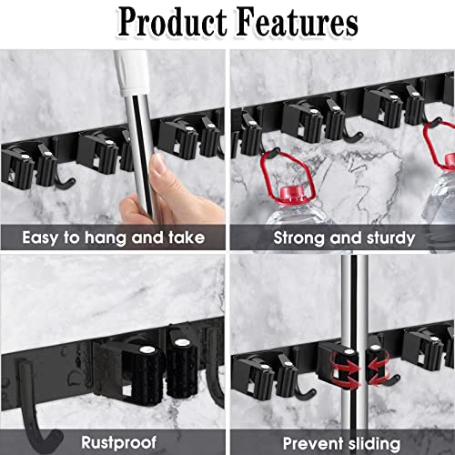 2 Pack Black Broom Holder Wall Mount (5 Racks & 4 Hooks (Black) - 2 Pack)