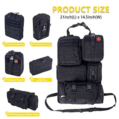 Universal Tactical Seat Back Organizer Vehicle Molle Panel Organizer Storage Bag with 5 Detachable Molle Pouch for All Vehicel Such as Jeep (A model-Black)
