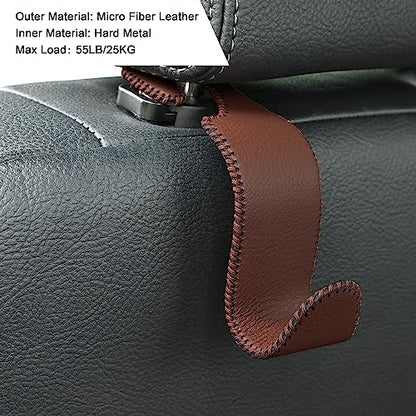 4 Pack Car Headrest Hooks Holds 55lbs Seat Storage Organizer for Bags (Leather Brown)