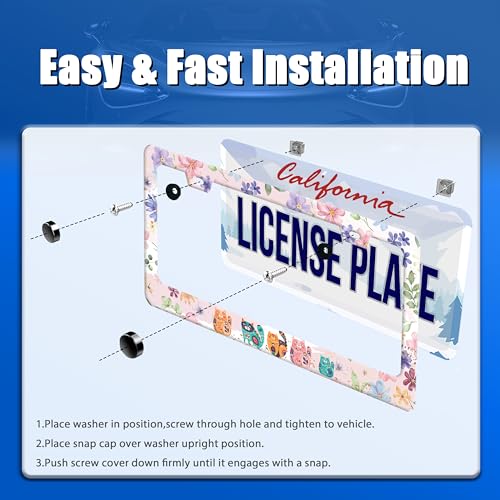 Cat Flowers License Plate Frame Stainless Steel Accessory 12.3x6.3 Inch (Animal Cat and Flower)
