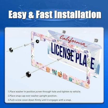 Cat Flowers License Plate Frame Stainless Steel Accessory 12.3x6.3 Inch (Animal Cat and Flower)
