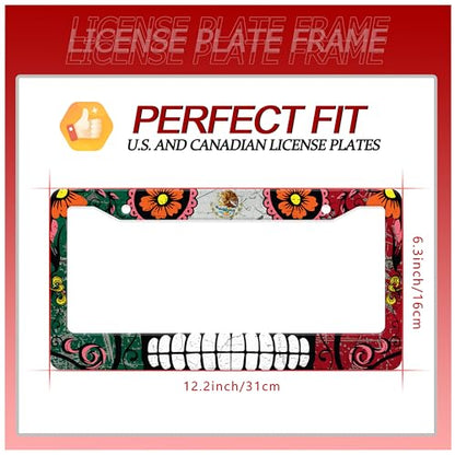 Mexico Flag Skull License Plate Frame Stainless Steel 2 (Mexico Flag Skull)