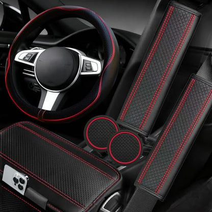 6 PCS Car Steering Wheel Cover Set (Steering Wheel Cover Set / Black with red)