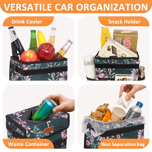 Car Trash Can with Lid Leak Proof Car Accessories for Women (2.2 Gallons / Navy Floral)