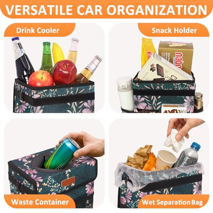 Car Trash Can with Lid Leak Proof Car Accessories for Women (2.2 Gallons / Navy Floral)