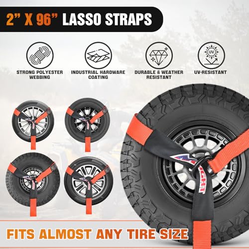 2" x 96" Lasso Style Car Tie Down Straps with Chain Hook Anchors (4Pcs 2in x 96in Wheel Straps)