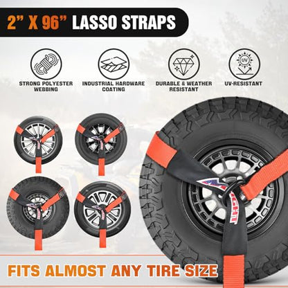 2" x 96" Lasso Style Car Tie Down Straps with Chain Hook Anchors (4Pcs 2in x 96in Wheel Straps)