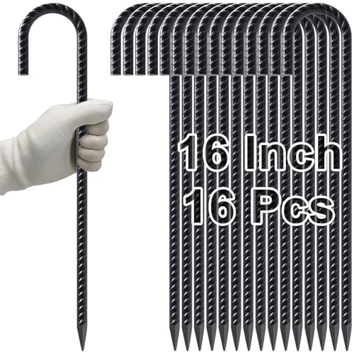 Rebar Stakes 16 Inch J Hook Heavy Duty Steel Chain Link Fence Stakes (J-16 Inch-16 Pcs / J-16 Inch-Φ5/16"-Black)