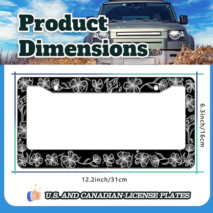 Black White Line Drawing Floar License Plate Frame Stainless Steel 6X 12 in (Black And White Line Drawing Flowers)