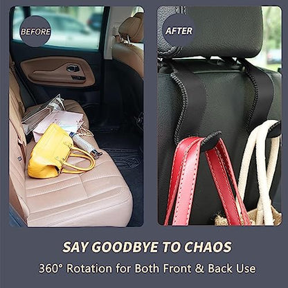 4 Pack Car Headrest Hooks Holds 55lbs Seat Storage Organizer for Bags (Leather Black)