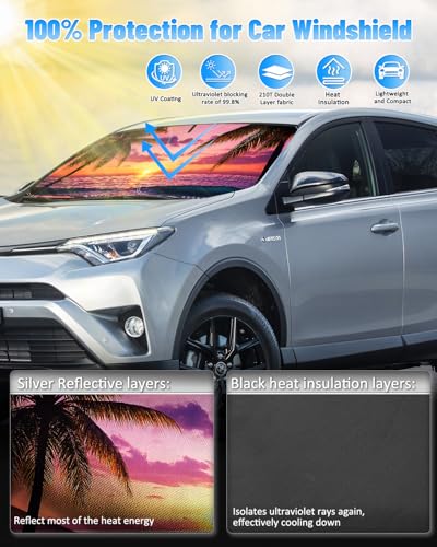 Sunset Beach Car Windshield Sun Shade Compatible with Toyota RAV4 2013 2014 2015 2016 2017 2018 (Toyota RAV4 2013 -2018 - sunset beach)