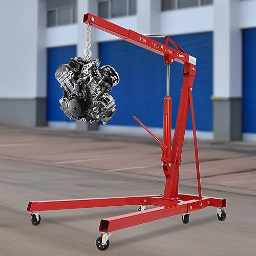 Folding Engine Crane 2 Ton Folding Engine Hoist 4400lbs Crane Hoist Lift with 6 Iron Caster Wheels for Garage (Red-A / 2T-4400lbs)