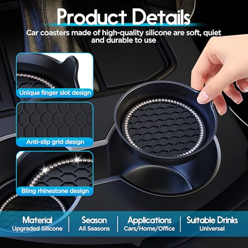 2 Pack Car Cup Holder Coaster Bling Crystal Rhinestone Car Interior (Black / 2 Pack)