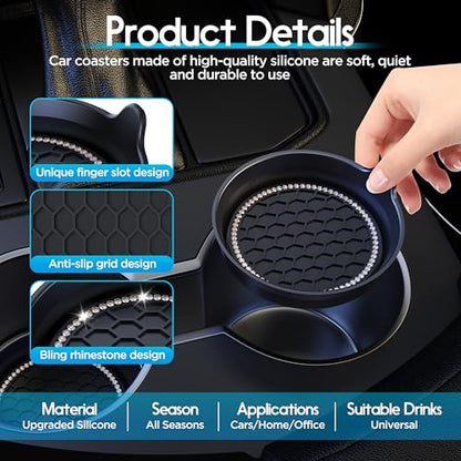 2 Pack Car Cup Holder Coaster Bling Crystal Rhinestone Car Interior (Black / 2 Pack)