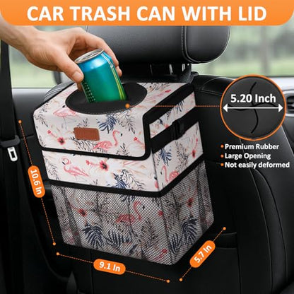 Car Trash Can with Lid Leak Proof Car Accessories for Women (2.2 Gallons / Pink Flamingos)