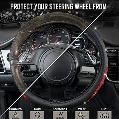 Bling Diamond Black Leather Steering Wheel Cover (Red Diamond 1PCS)