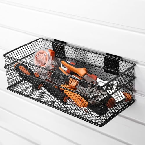 4 Pcs Slatwall Basket Set Ventilated Metal Slatwall Basket Hanging Wire Bins Wall Mounted Accessories for Panel Garage Storage Display Organizing (Assorted Sizes / Black)