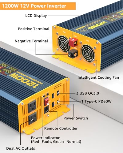 1200 Watt Pure Sine Wave Power Inverter DC 12V to 110V AC Converter with Dual AC Outlets (1200W- 12V)