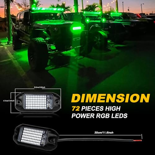 4Pods Pure Green LED Rock Lights 72w high Power Rock Lights Neon Underglow Light for Car Trucks ATV UTV SUV Boat Underbody Glow Trail Rig Light IP68 Waterproof (Pure green rock lights - 4 pack)