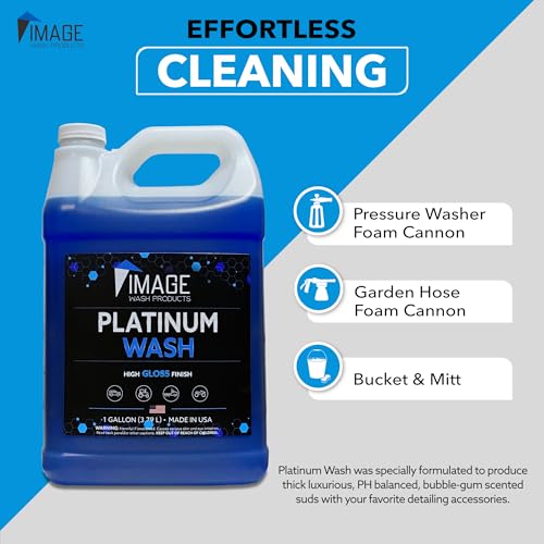 Image Wash (1-Gallon Platinum Wash Car Soap Concentrated pH-Neutral Foam Soap for Foam Cannon & Bucket wipe Safe for Wax Ceramic Coatings High Lubricity Biodegradable Formula with Bubble Gum Scent (128 Fl Oz (Pack of 1))