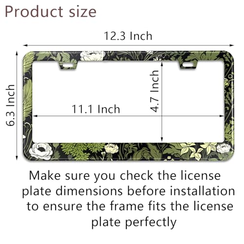 Flowers License Plate Frame Car Universal Stainless Steel Accessories with 2 Holes and Screws Fit for US Vehicles Size 12 x 6 Inches (Sage green plant floral)