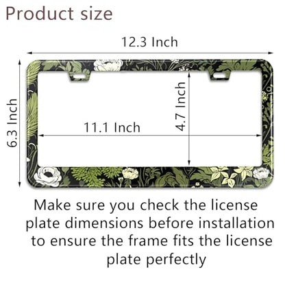 Flowers License Plate Frame Car Universal Stainless Steel Accessories with 2 Holes and Screws Fit for US Vehicles Size 12 x 6 Inches (Sage green plant floral)