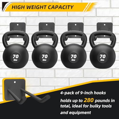 Garage Storage Hooks Heavy Duty Steel Tool Organizer Wall Mount Hangers Racks for Ropes Hoses and Garden Yard Tools Organization Holder Bulk Items Hanging 9 Inch (1 Pack)