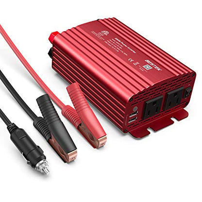 500W Power Inverter DC 12V to 110V AC Converter with Alligator Battery Clamp 4.8A Dual USB Car Charger ETL Listed (Red)