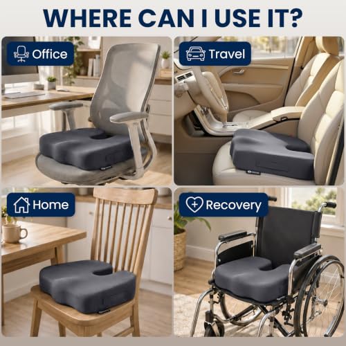 Seat Cushion Memory Foam Chair Cushion for Tailbone Pain Relief (Dark Gray / Large)