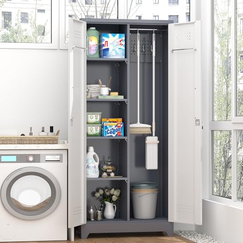 72'' Metal Utility Storage Cabinet with Pegboard & Tool Hanging Bars (Gray&white / 72.8"H Broom Cabinet)