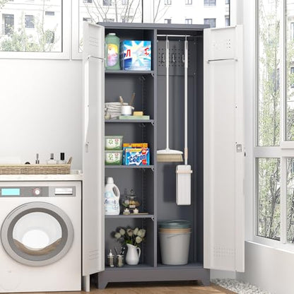 72'' Metal Utility Storage Cabinet with Pegboard & Tool Hanging Bars (Gray&white / 72.8"H Broom Cabinet)