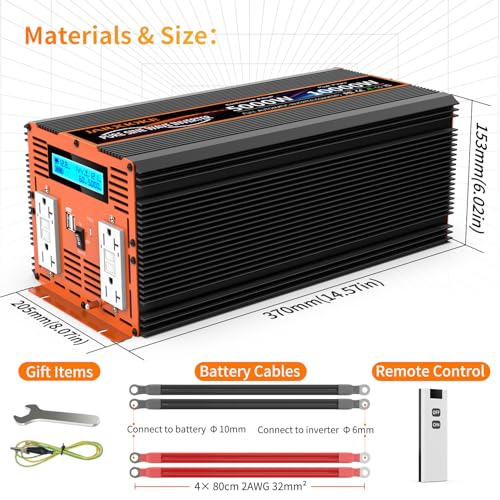 5000W Pure Sine Wave Power Inverter 12V DC to 110V 120V Converter for Family RV Off Grid Solar System Emergency Power Supply (12V-5000W)
