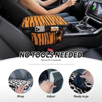 Animal Print Car Center Console Armrest Cover with 2 Side Pockets (Tiger Print)