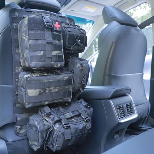 Universal Tactical Seat Back Organizer Vehicle Molle Panel Organizer Storage Bag with 5 Detachable Molle Pouch for All Vehicel Such as Jeep (B model-Black Camo)