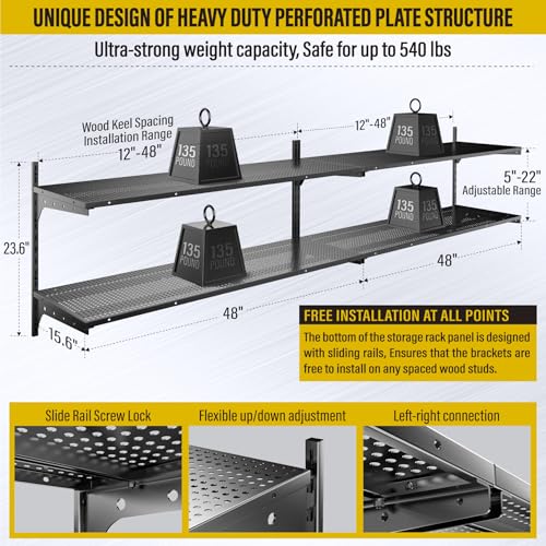2 Pack 2 Tier 1.3x4ft Garage Shelving Wall Mounted (Black / 4pack-1.3×4ft)