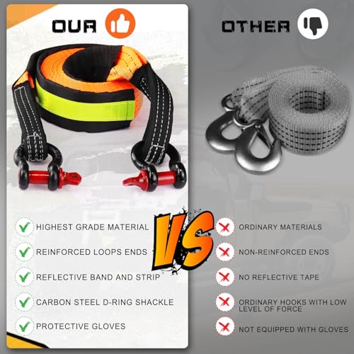Tow Strap Heavy Duty with Hooks (‎Orange Strap with Shackles / 2"×16ft)