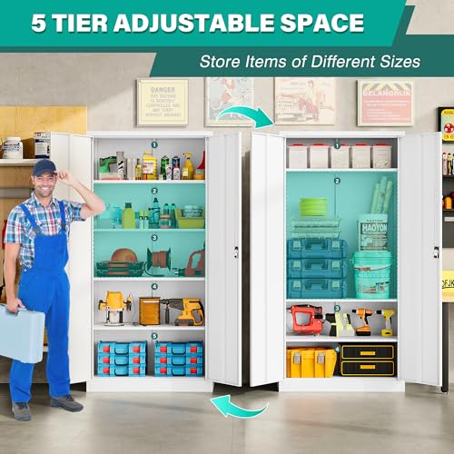 White Metal Storage Cabinet with Adjustable Shelves (71"H x 31.5"W x 16"D-B / White)