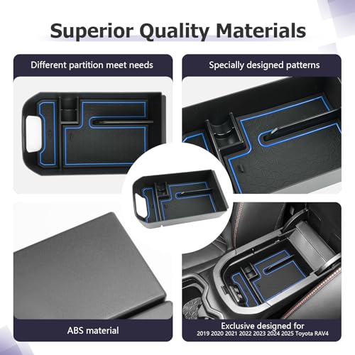 2025 RAV 4 Center Console Organizer Compatible with 2019 2020 2021 2022 2023 2024 2025 Toyota RAV 4 Accessories Armrest Console Secondary Storage Box Insert Tray ABS Material Blue