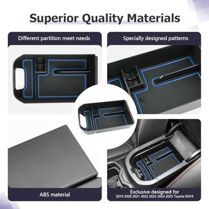 2025 RAV 4 Center Console Organizer Compatible with 2019 2020 2021 2022 2023 2024 2025 Toyota RAV 4 Accessories Armrest Console Secondary Storage Box Insert Tray ABS Material Blue